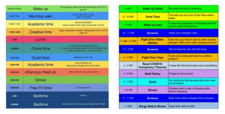 Covid-19 quarantine schedules to give you a good laugh.